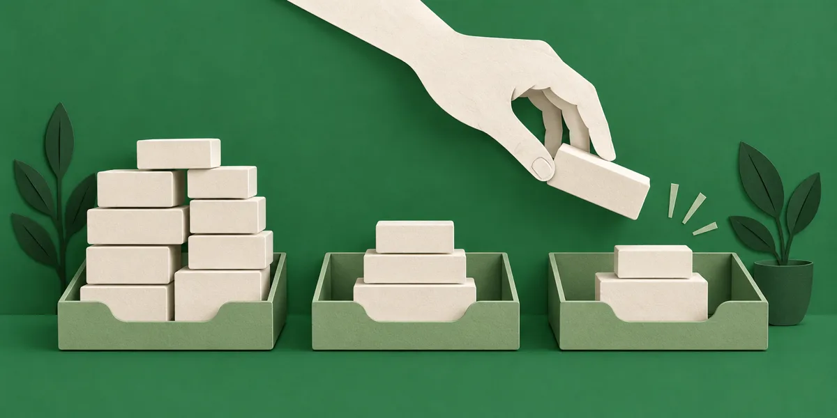 Three trays holding blocks — one overloaded, two nearly empty — and a hand adding another to the lightest.