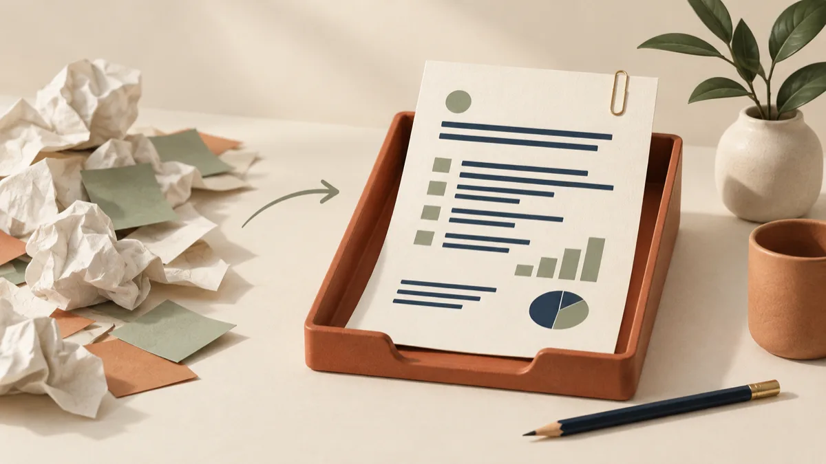 An orderly paper report in a terracotta tray beside scattered notes and a pencil.