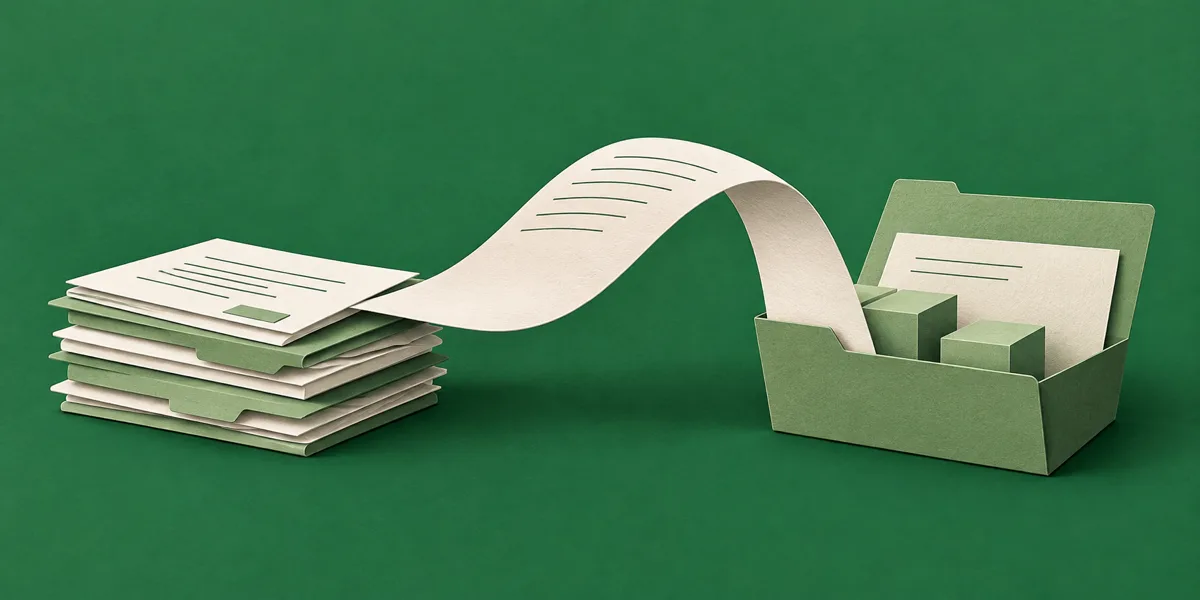 A paper bridge carrying completed project folders across to a new project plan.