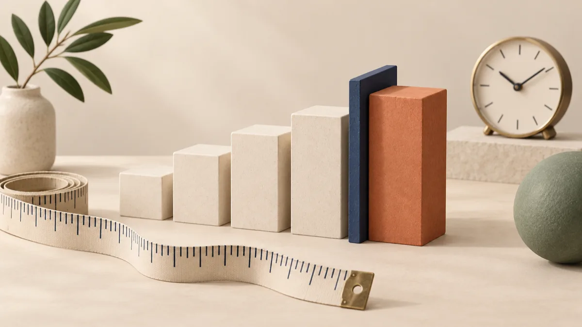 Ivory blocks and a terracotta block extending past a navy marker, beside a measuring tape and clock.