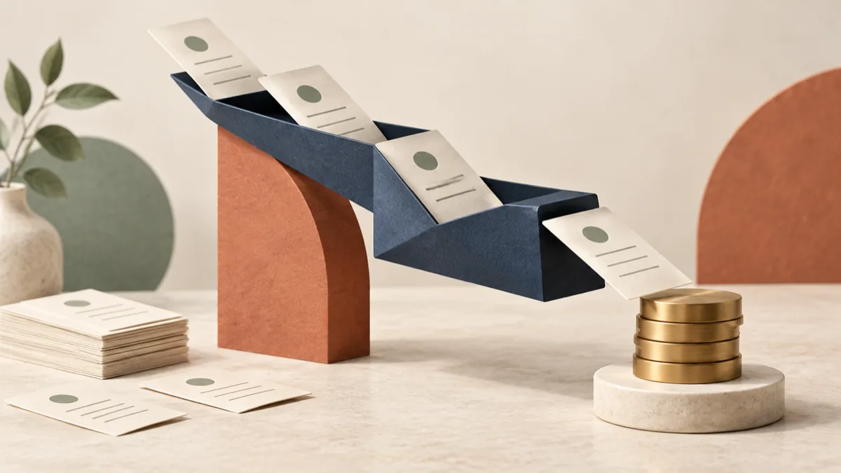 Paper time slips passing through a navy folded channel toward brass discs, with several slips left aside.