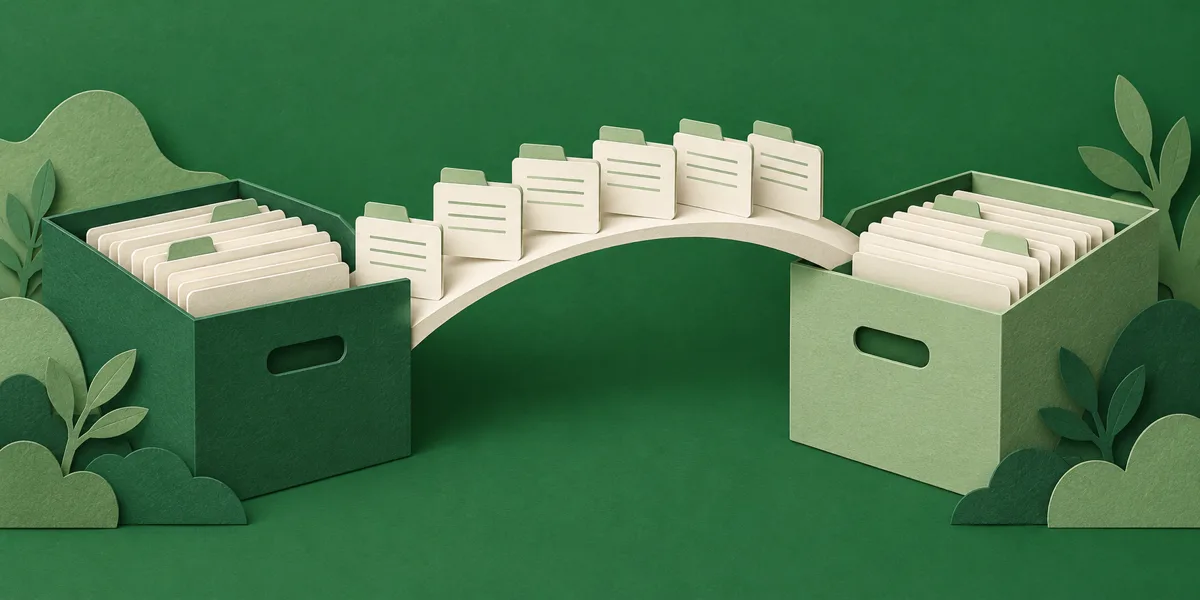 Folders crossing an arched bridge between two file boxes.