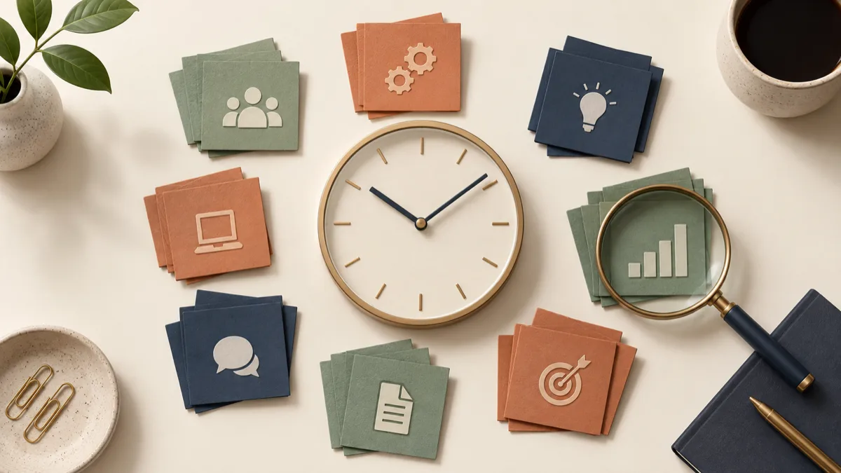An analog clock surrounded by grouped paper activity cards, with a magnifying glass over one group.